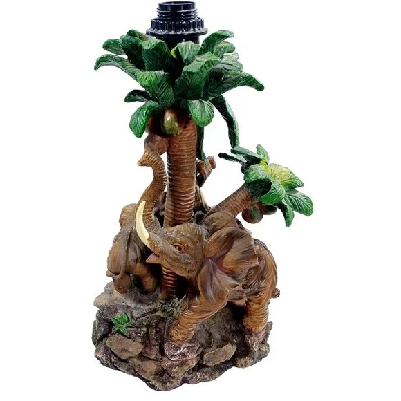 Vtg Tropical Elephants Mother Baby Babies  Safari Jungle Palm Trees Table Lamp - Picture 2 of 9